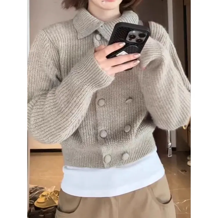 法式复古翻领针织开衫女2025秋季新款时尚百搭宽松显瘦毛衣外套潮