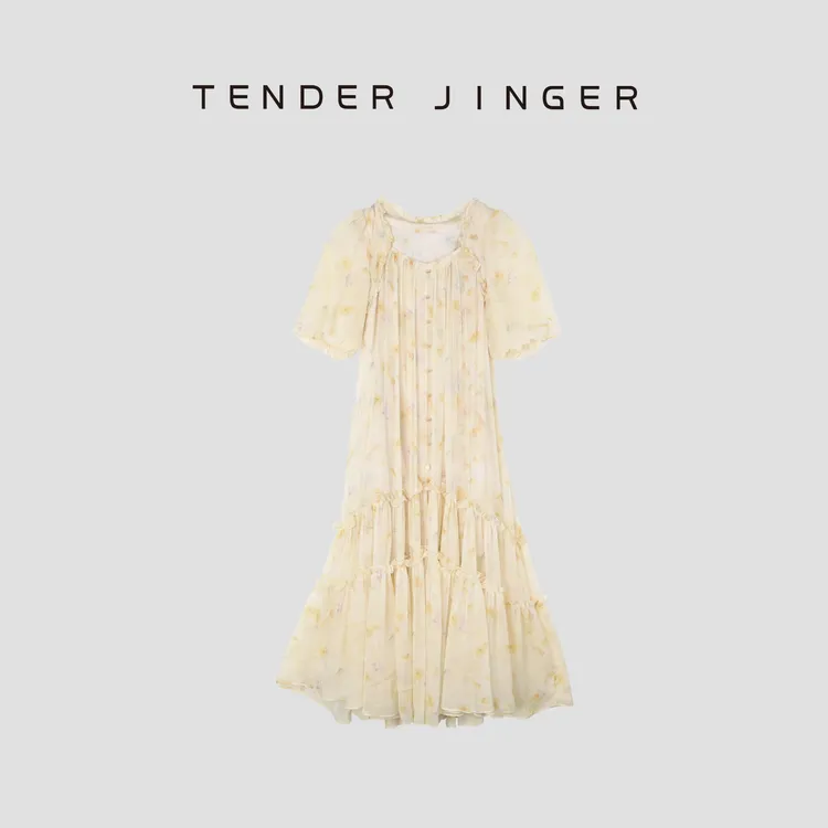 Tender Jinger【专柜】泡泡袖连衣裙收腰X型印花长裙T52LFK80836