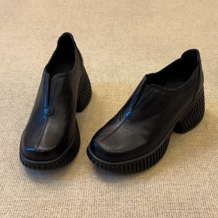 羊皮版真皮复古圆头小个子增高简约百搭深口单鞋一脚蹬通勤小皮鞋