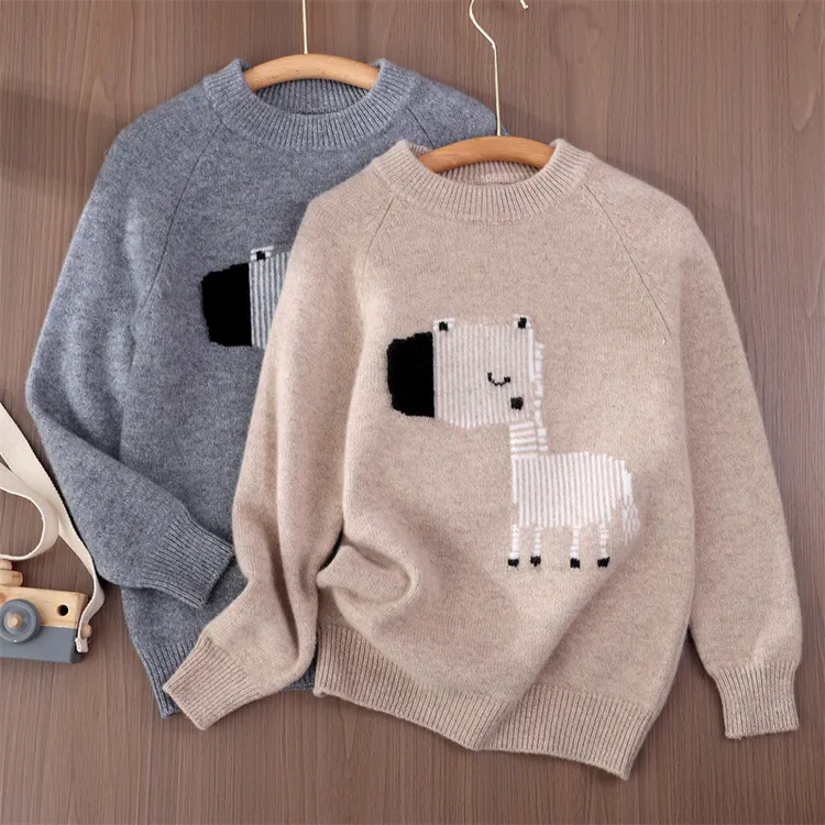 秋冬新款儿童半高领100%羊毛衫提花小马厚男女中大童套头打底毛衣
