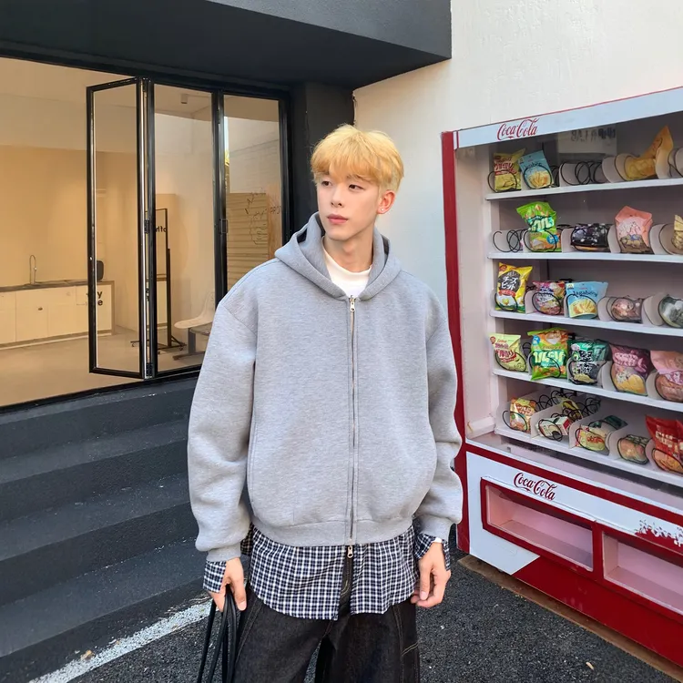 AP MMDD韩系小众500g重磅假两件开衫卫衣男连帽宽松外套拼色灰色