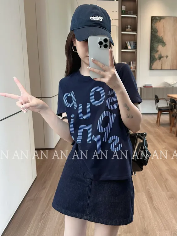 C07241韩版时尚减龄宽松小个子通勤圆领正肩字母短袖T恤