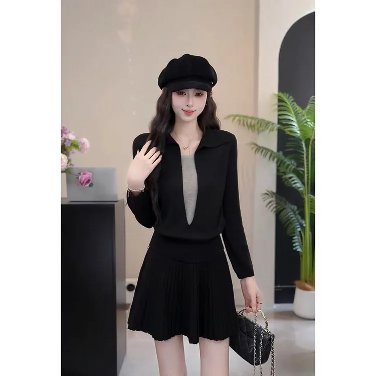 YUANLIANSU/圆脸酥【白玉映沙】设计感撞色翻领假两件针织衫女秋季