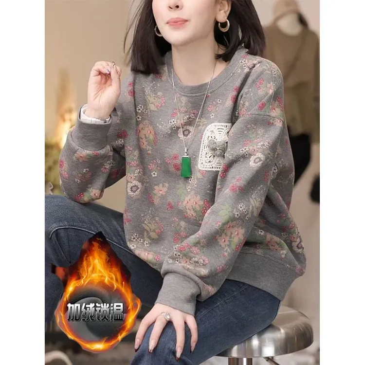 宽松型大码300斤胖mm加绒加厚卫衣女秋冬洋气减龄设计感宽松卫衣