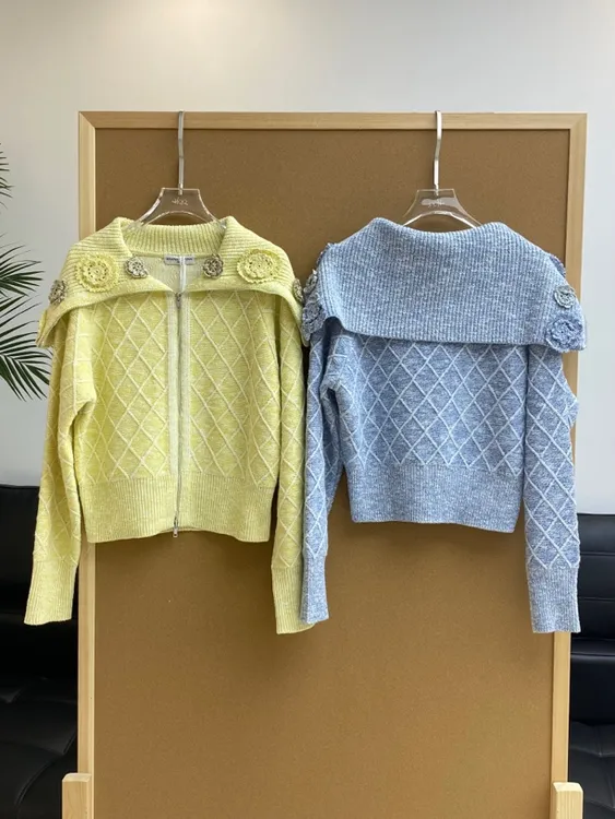 DIANA VEVINA上衣｜同款多色手工花朵拉链海军领毛衣583