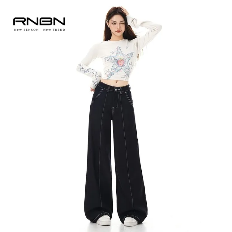 RNBN新款四面弹垂坠抗皱宽松阔腿不掉色显瘦百搭弹力牛仔裤