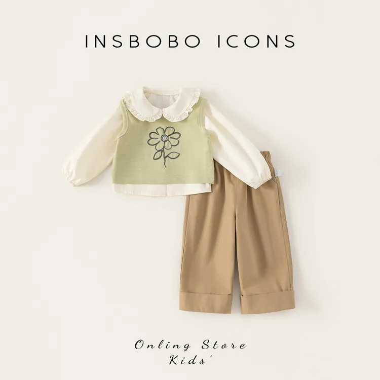 INSbobo女童春秋套装娃娃领衬衫+花朵马甲+休闲裤三件套CT85082