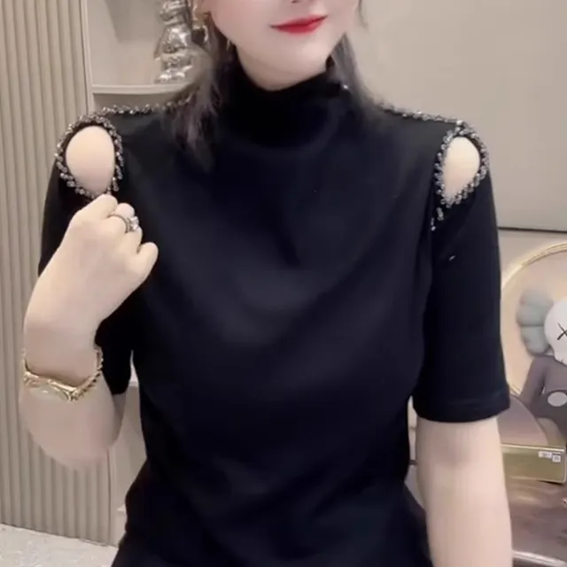 2025新款大码装半高领露肩钉珠短袖T恤女修身显瘦内搭上衣服女