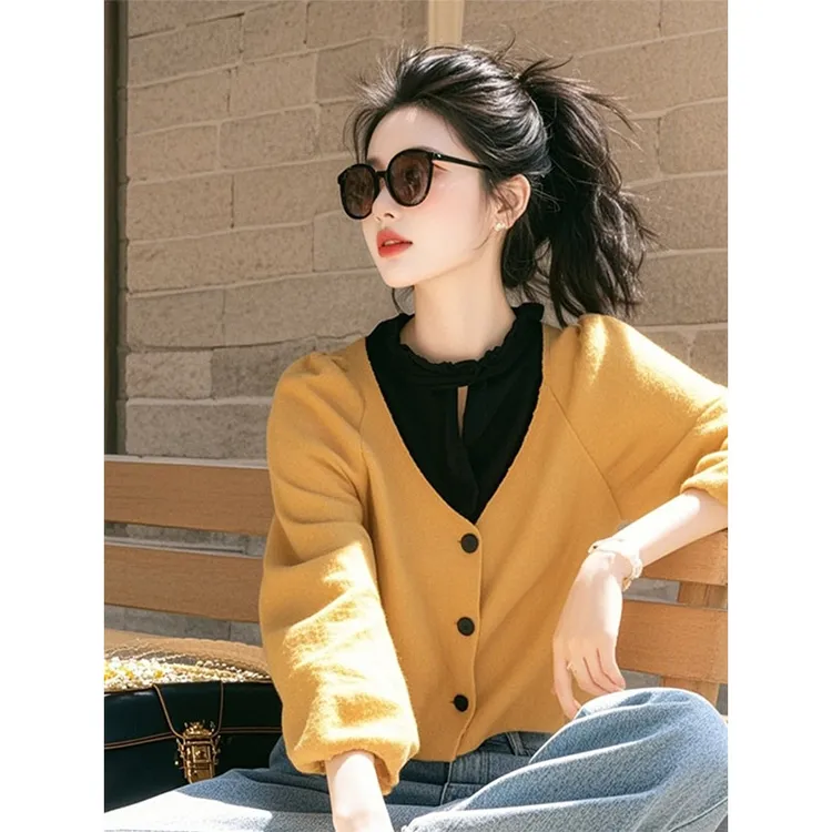 2025春秋新款爆款漂亮小衫洋气独特超好看姜黄色拼接假两件上衣女