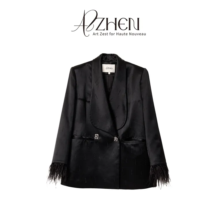 AZZHEN【黑曜晚宴】醋酸流星烫钻鸵鸟毛西装外套AZ5BSE10