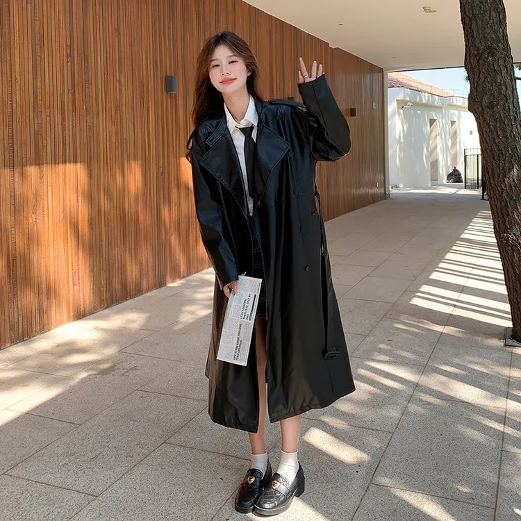 黑色PU皮长款风衣外套女2025秋季新款高级感宽松休闲显瘦过膝大衣