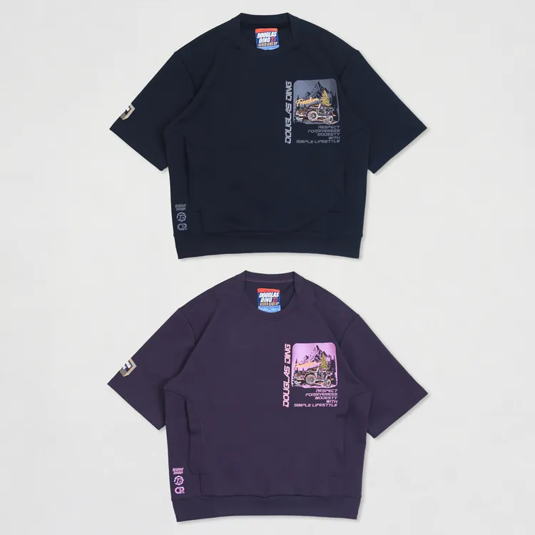 【道格拉斯】藏青紫色吉普车刺绣带口袋春秋宽松圆领中袖T恤DD357