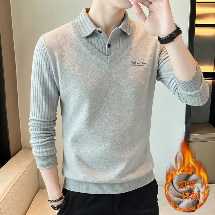 秋冬季男士假两件针织衫加绒加厚毛衣一体绒翻领Polo打底衫中青年