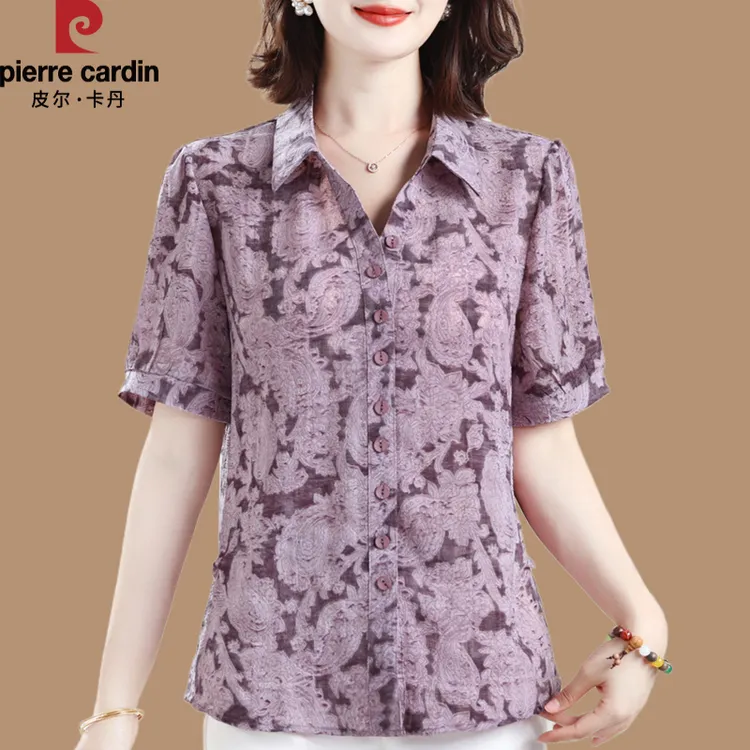 皮尔卡丹妈妈洋气雪纺短袖衬衫新款中老年女装夏季时尚遮肚显瘦小
