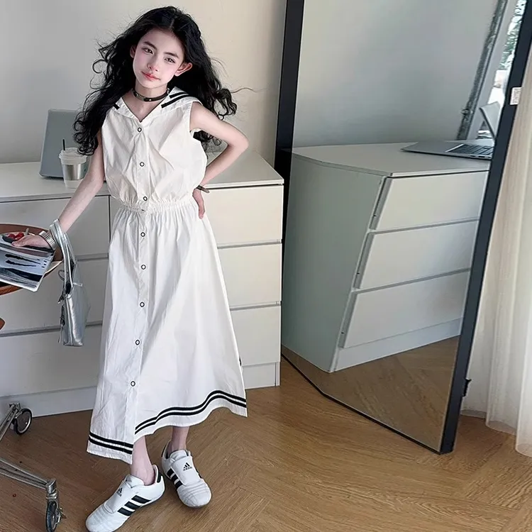 女童长裙2025夏季新款儿童夏装海军领无袖上衣半身裙中大童两件套