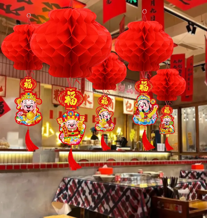 2025油塑纸灯笼喜庆蜂窝大红小灯笼挂饰开业商场装饰春节布置B024