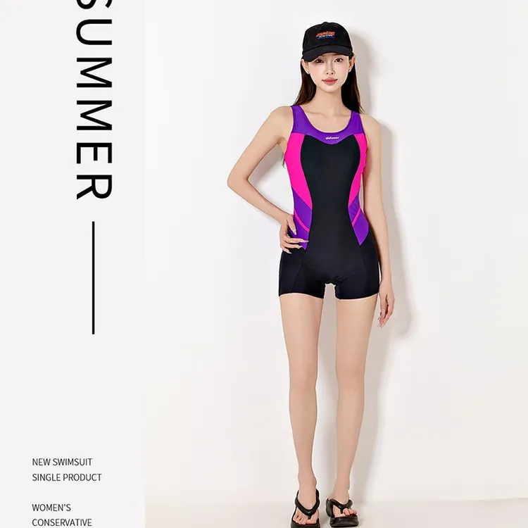 女士连体平角泳衣黑色保守遮肉竞速大码游泳衣显瘦紧身夏季无袖