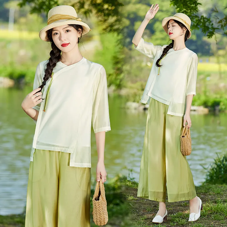 新中式国风盘扣套装女2025夏季新款复古气质改良汉服阔腿裤两件套