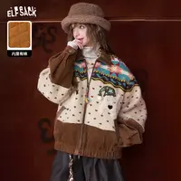 妖精的口袋情侣棉衣宽松撞色加厚拼接保暖ins2025秋冬新款印花