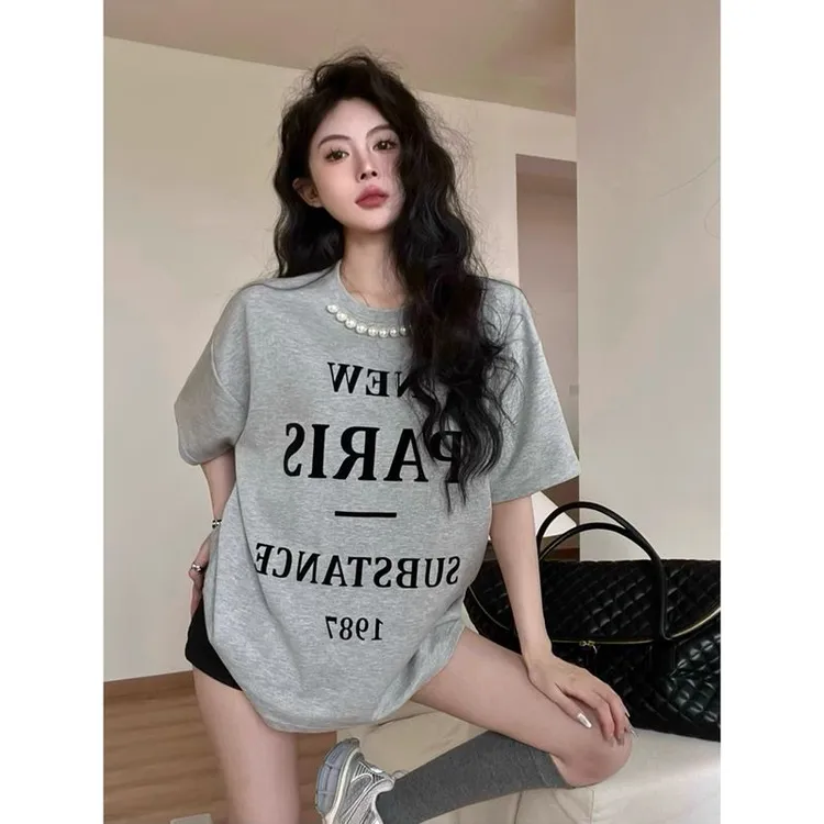 复古字母印花钉珠圆领短袖t恤女夏季宽松设计感百搭气质休闲上衣