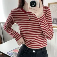【长袖/短袖】复古正肩圆领撞色条纹长袖t恤女2025新款显瘦上衣1203