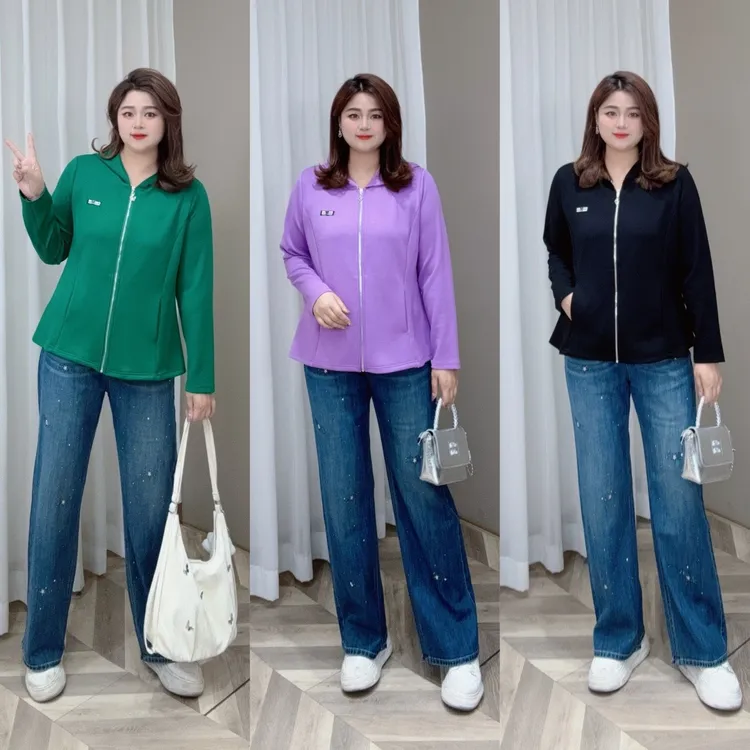 PWD32734【现货仅外套】2025新款春季显瘦拉链连帽外套大码【衣长71】