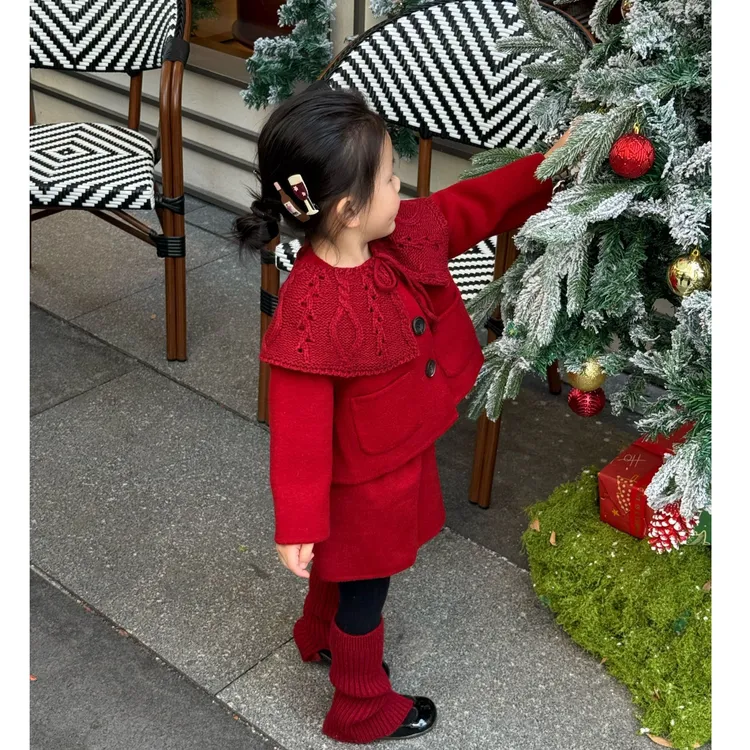 壹妈童装女童韩版秋冬季富家千金感套装儿童加厚红色时髦外套半裙