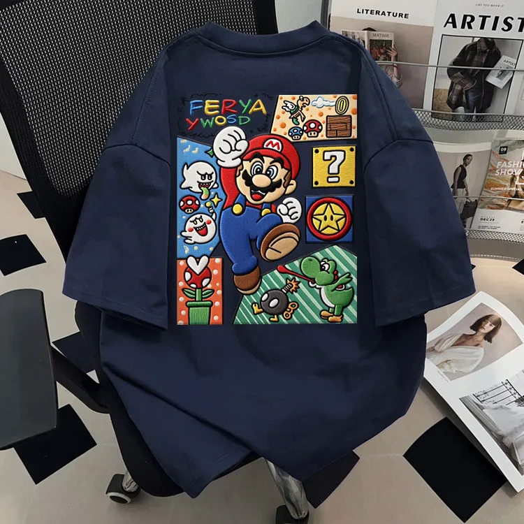 WASSUP HSUBE藏青色卡通动漫情侣短袖T恤夏季新款男士青少年半袖t