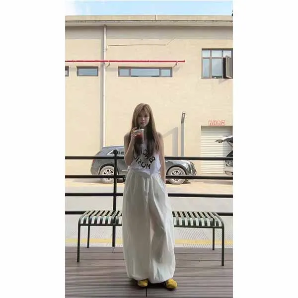 2025夏季新款拼接蕾丝边V领无袖字母印花背心上衣阔腿长裤两件套