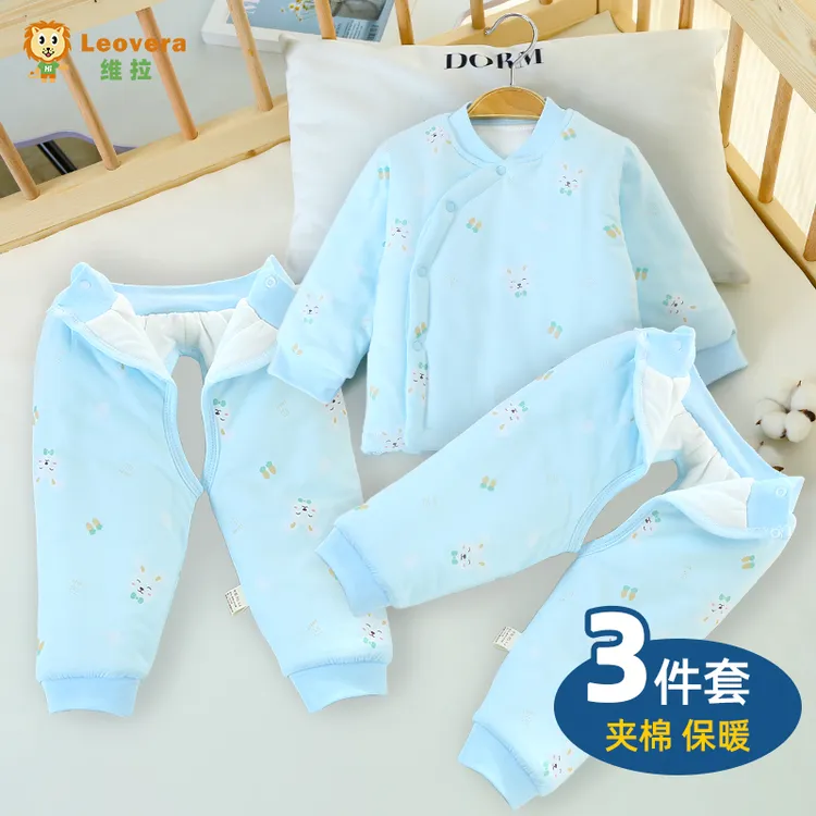 婴儿套装秋冬款夹棉棉服0-12个月宝宝衣服棉袄棉裤加厚开裆冬装