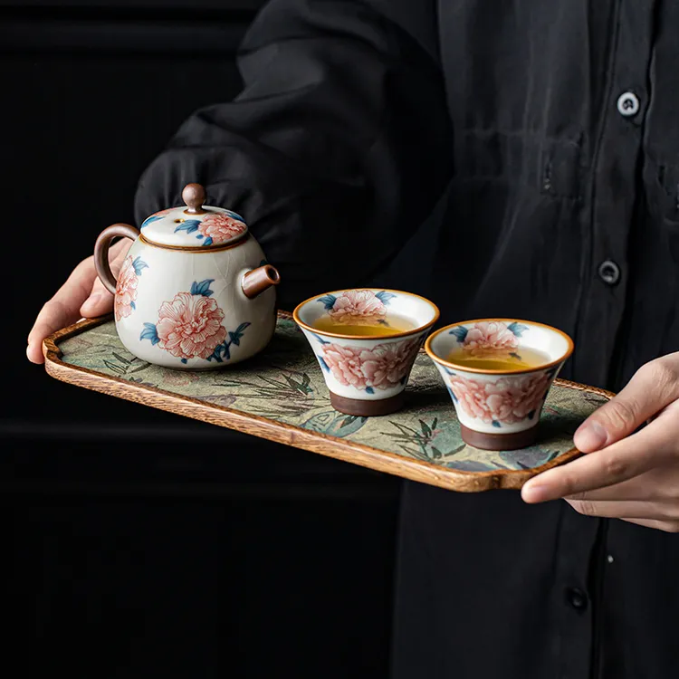 德白汝窑芙蓉花茶壶茶杯小套装家用一壶二杯带茶盘功夫茶具干泡台