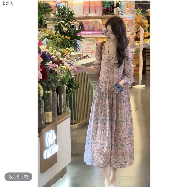 显瘦花色三醋纤连衣裙梭织春夏款SMLXL2XL女性优雅气质