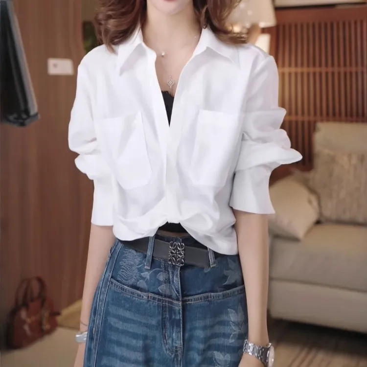 韩系穿搭简约风长袖衬衫女2025秋季新款洋气休闲百搭显瘦短款上衣
