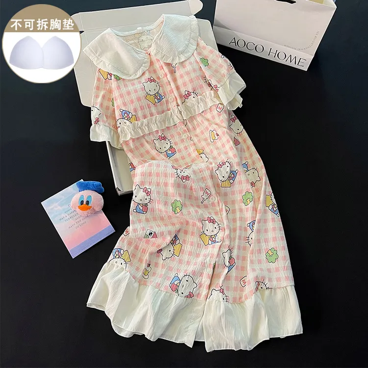 带胸垫睡裙女新款夏季甜美短袖睡衣粉色格子可爱kt猫连衣裙家居服