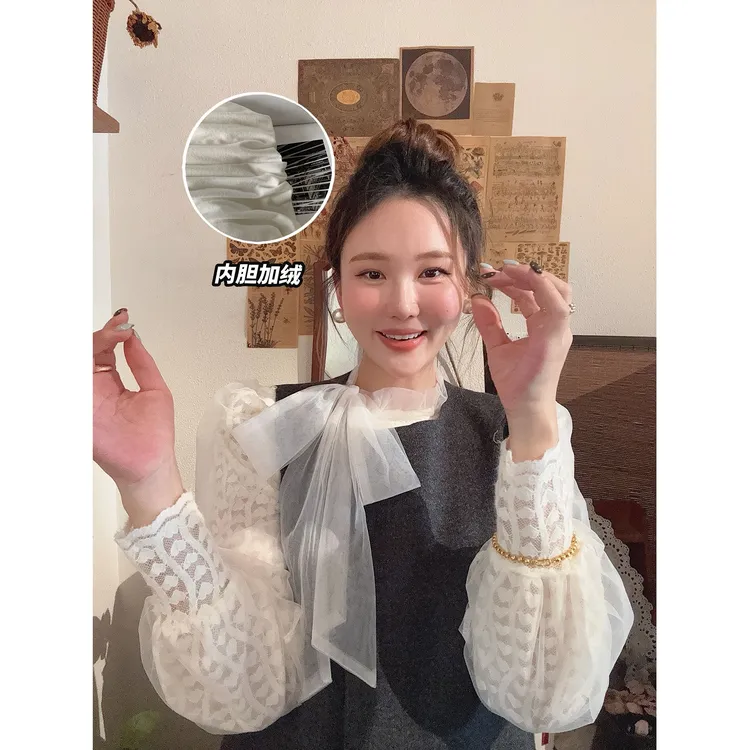 智英欧尼 蝴蝶结衬衫【打底衫内搭蕾丝高弹力加绒百搭秋冬保暖】