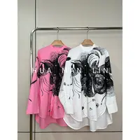 【花满林】两色小立领黑色印花前短后长阔版上衣33316