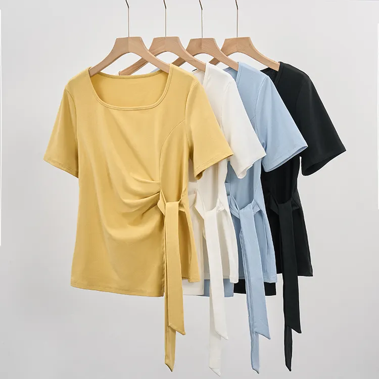 黄色方领不规则正肩短袖t恤女款2025新款爆款绑带夏收腰开叉上衣