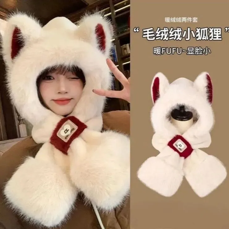 围脖狐狸秋冬季新款耳朵可爱毛绒帽子围巾一体加厚保暖骑车护耳帽