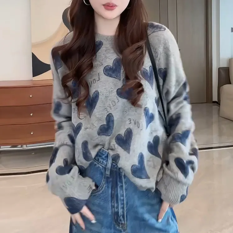 早秋松弛感长袖毛衣女上衣2025新款韩系设计感印花圆领套头针织衫