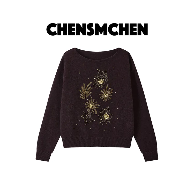 CHENSMCHEN 绵羊毛复古钉珠慵懒感针织衫女宽松显瘦上衣CSZ6642YW
