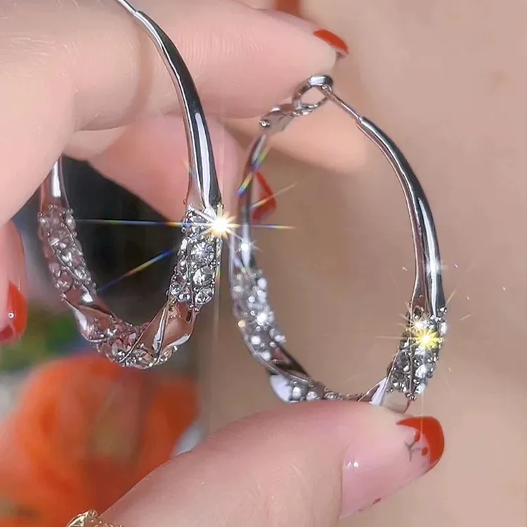 铜合金耳饰 铜合金耳饰大耳圈镶嵌锆石圈圈耳环女时尚2025银耳饰