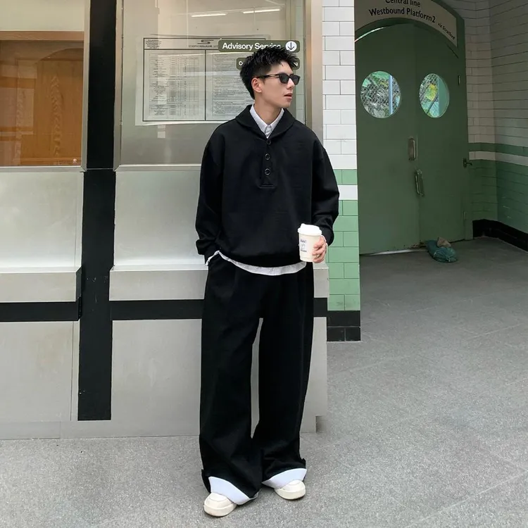 秋冬新款假两件重磅卫衣套装男士潮牌时尚百搭直筒阔腿裤两件套