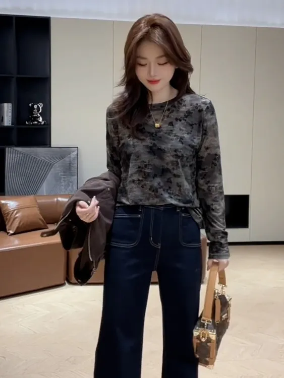 韩系复古薄款长袖打底衫T恤女2025秋季新款修身显瘦百搭扎染上衣