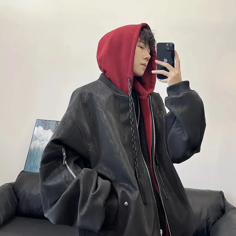 JAVE PASOK美式潮牌假两件连帽皮衣外套男女拼接设计开衫宽松夹克