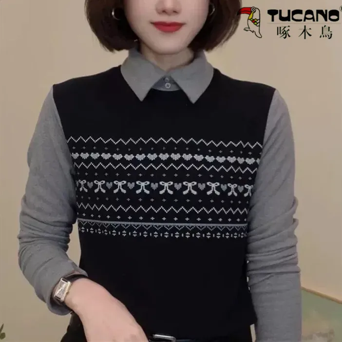 啄木鸟正品长袖假两件德绒新款女士打底衫设计感时尚百搭上衣女