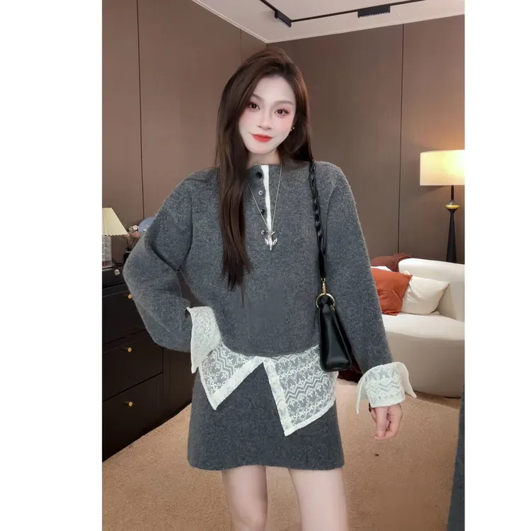 设计感半高领针织毛衣拼接蕾丝下摆半裙显瘦时尚套装气质两件套潮
