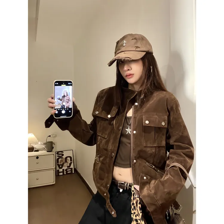 美拉德麂皮绒复古棕色夹克外套女秋季2025新款立领短款正肩上衣