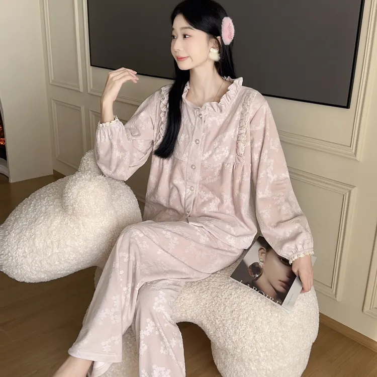 二娴秋冬海岛绒加绒加厚长袖长裤粉色甜美蕾丝高级感保暖睡衣套装