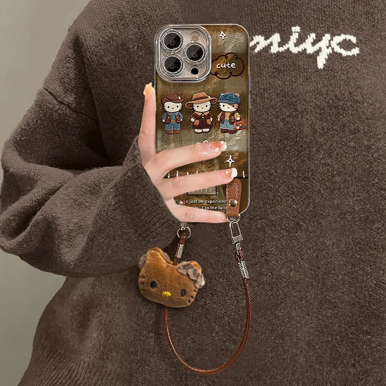 刺绣kt猫适用苹果17华为vivo/oppo小米iPhone16精孔冰川纹手机壳