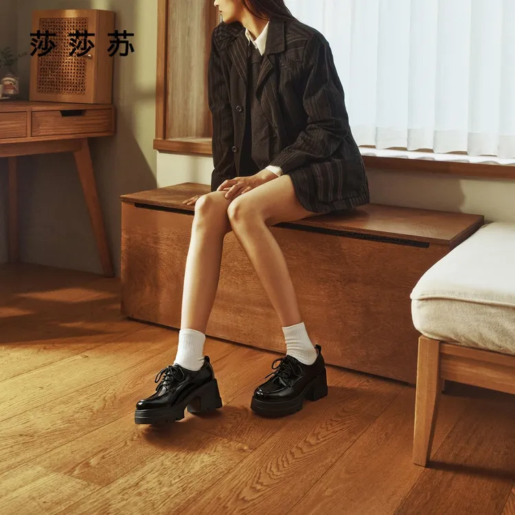 莎莎苏2025年秋新款时尚通勤粗高跟深口小皮鞋女乐福鞋ZA65520-41